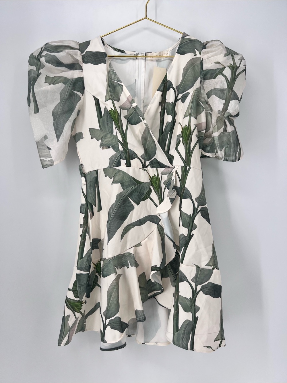 V-Neck Puff Sleeve Mini Dress in White with Green Leaf Print - Picture 3 of 5